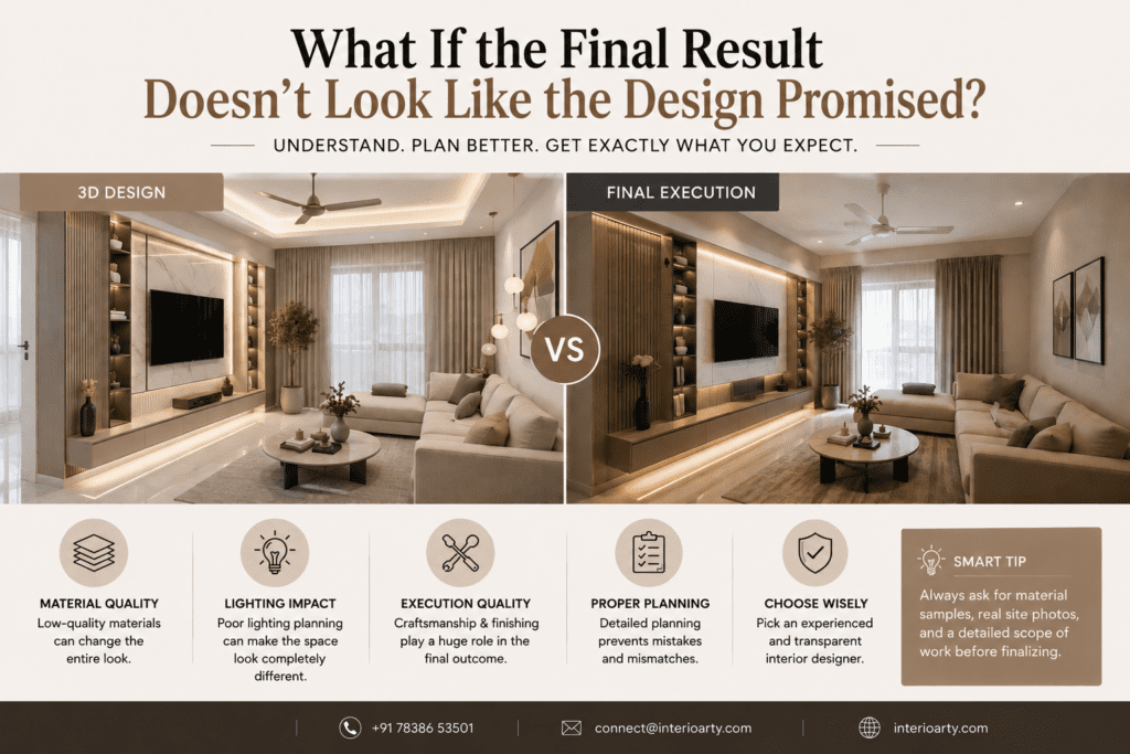 Comparison between 3D interior design and final executed home interior